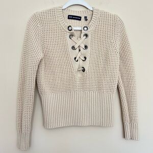 525 America Women’s Lace-Up Waffle Knit Ribbed Merino Wool Pullover Sweater